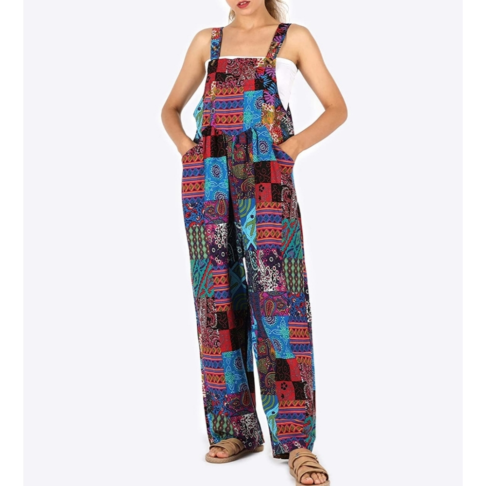 Women's jumpsuit Loose Colorblock Floral Print Wide Leg Button Bib Overall - Picture 4 of 5